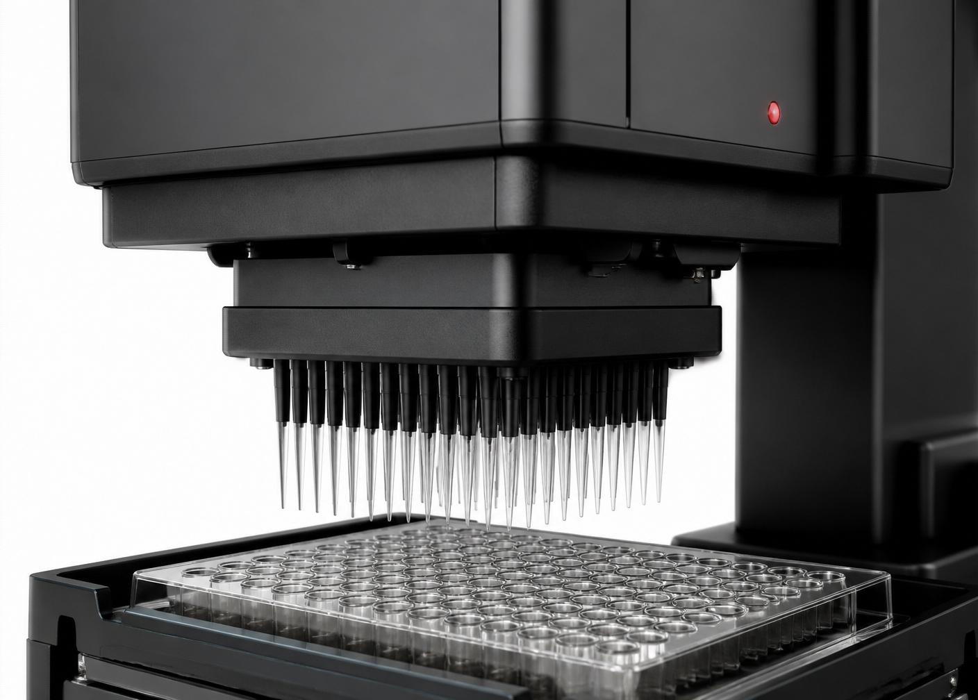 Automated pipetting head positioned above a 96-well microplate on a dark analyser