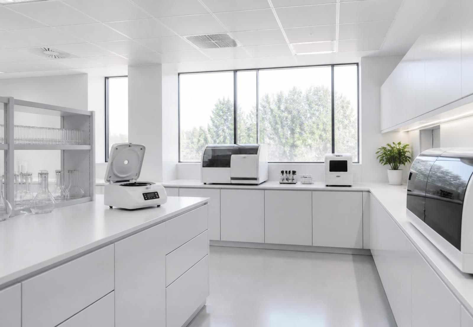 Bright, empty diagnostic laboratory with white benches, a centrifuge and analyser instruments