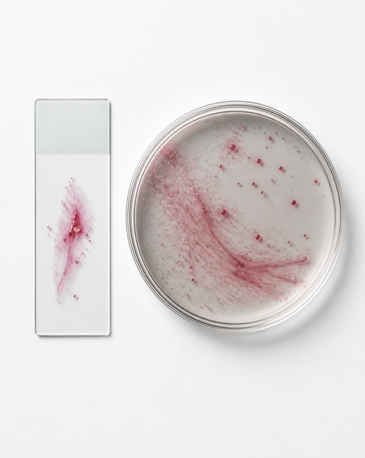 Overhead view of a stained microscope slide beside a culture plate on a white surface
